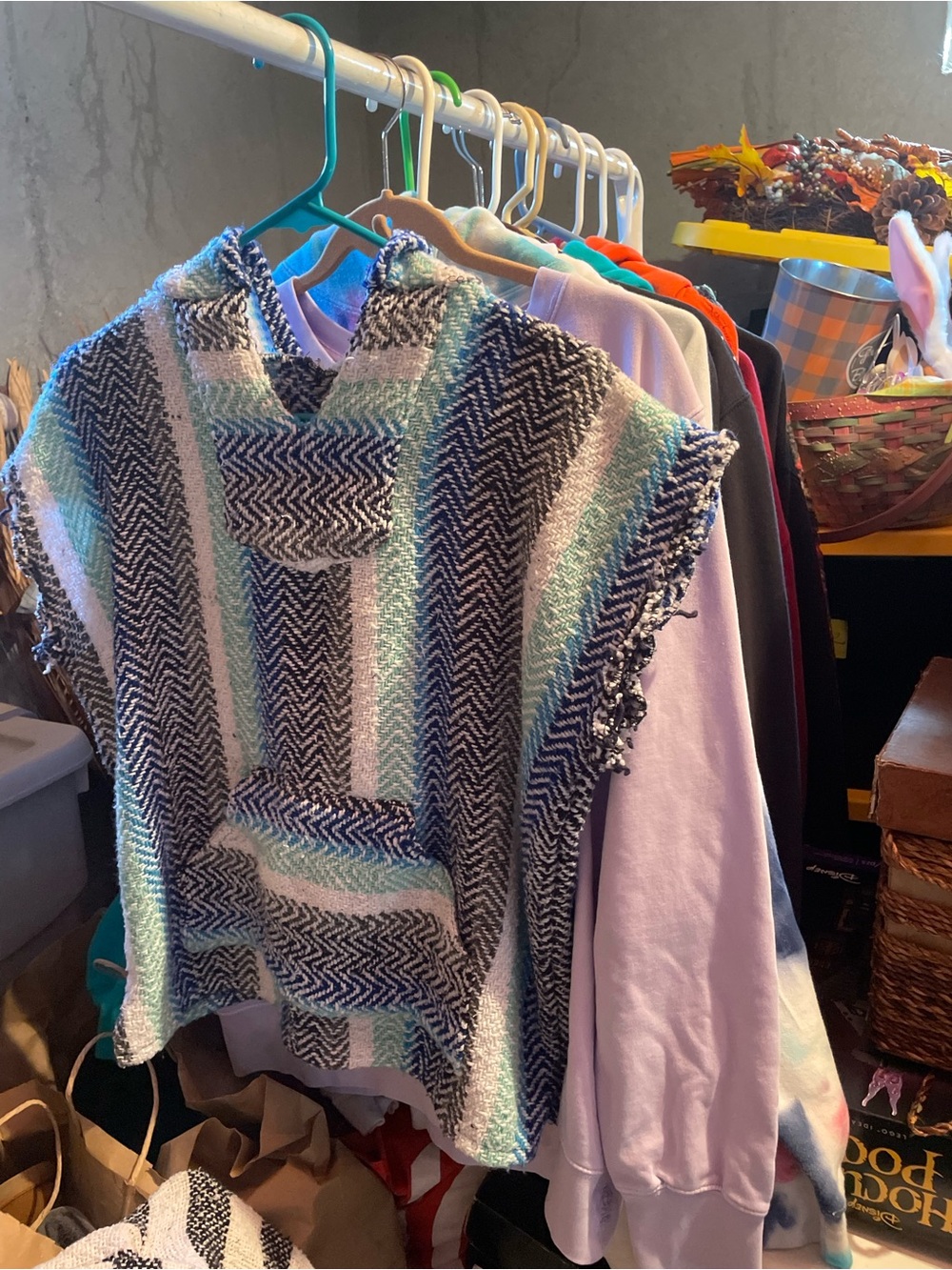 Striped Hooded Poncho Sweater in Blue, Teal & White